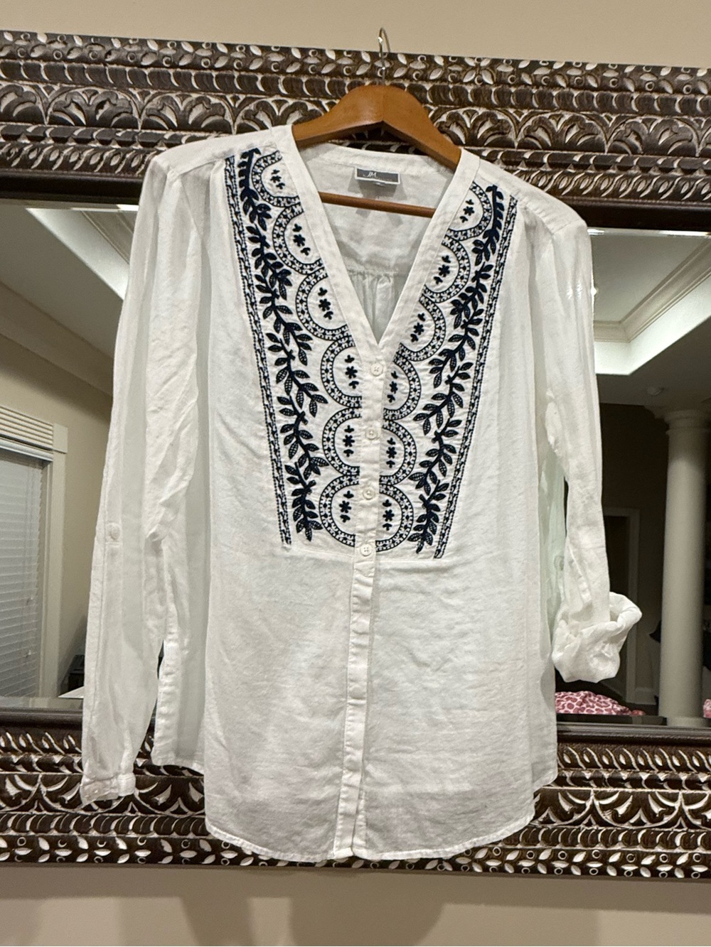 Embroidered V-Neck White Tunic Top with Navy Detail - JM Collection